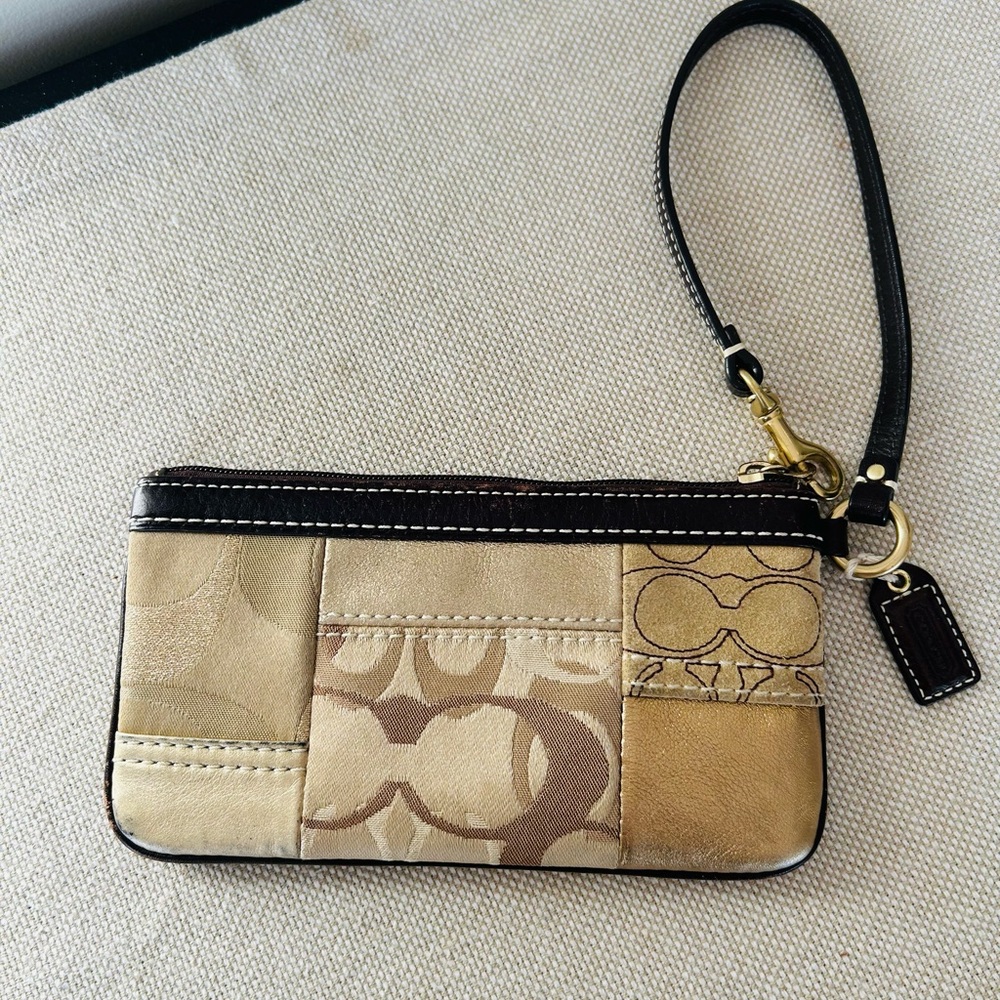 Coach Op Art Rare Patchwork Wristlet in Tan Tones of Suede, Leather & Canvas
